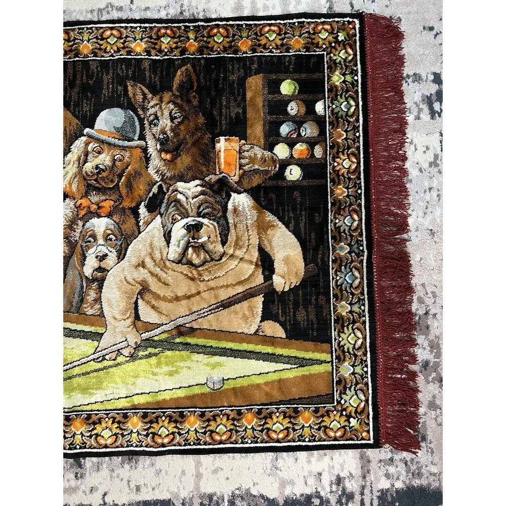 Vtg P&C Wall Tapestry Dog Pool Billiard Man Cave Made In Italy Bar Decor 38x56